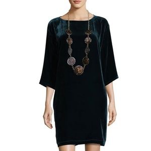 EILEEN FISHER Teal Velvet 3/4 Sleeve Bateau Neck Short Shift Dress 2X Women's